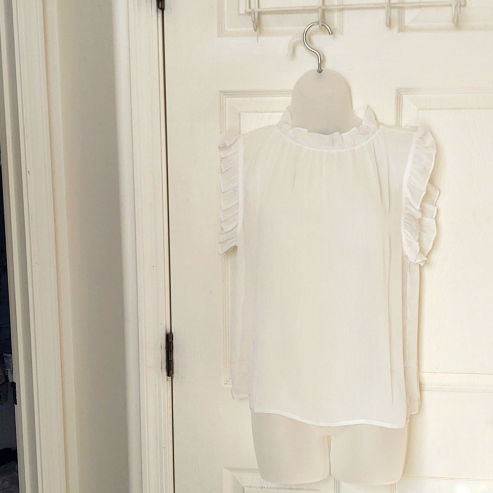 Shinestar Sheer White Blouse with Scalloped Sleeve Size XL